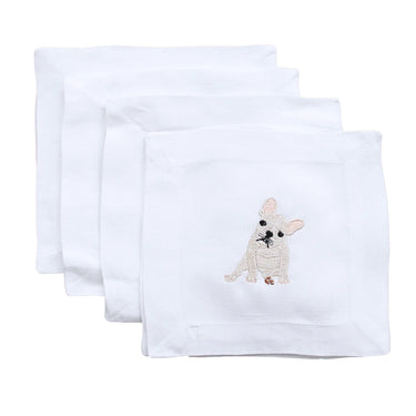 Set of 4 French Bulldog Embroidered Cocktail Napkins