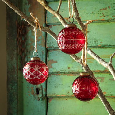 Red Glass Etched Ornaments (Set of 3)
